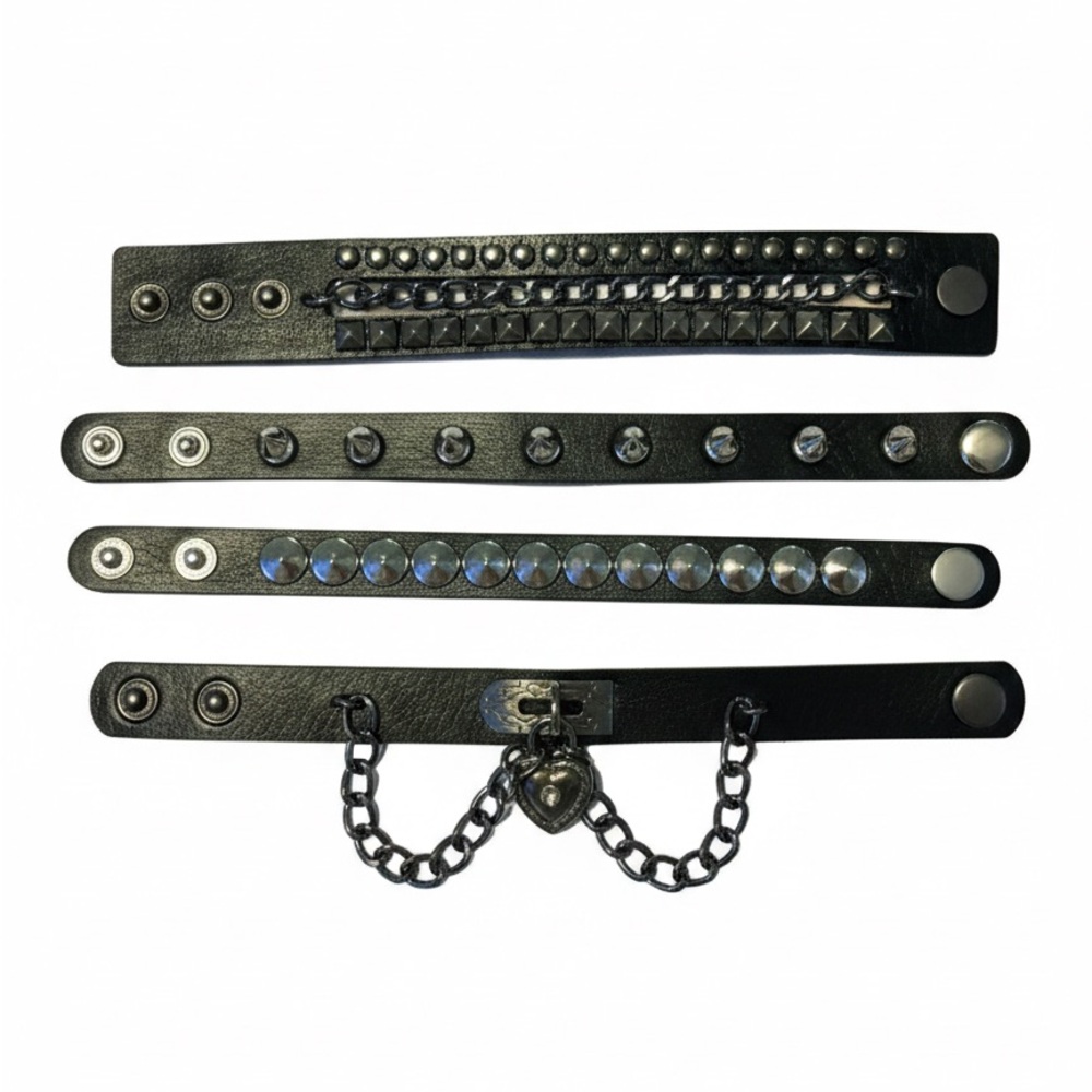 Black Studded Leather Bracelets Set